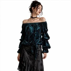 MSK Burnout Velvet Dark Floral Off Shoulder Tie Hem Top Black Teal M Whimsigoth